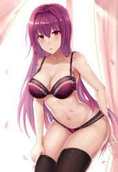 Rule 34 | 1girl, :o, backlighting, bare shoulders, blush, bra, breasts, cherry blossoms, cleavage, collarbone, curtains, enico, fate/grand order, fate (series), hair intakes, highres, large breasts, lingerie, long hair, looking at viewer, panties, purple hair, red eyes, scathach (fate), scathach (fate), solo, thighhighs, thighhighs pull, underwear, window