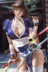 Rule 34 | 1girl, 2020, arm guards, artist name, bamboo, breasts, brown eyes, brown hair, cleavage, dead or alive, female focus, holding, holding sword, holding weapon, japanese clothes, kasumi (doa), katana, large breasts, lips, long hair, looking at viewer, matching hair/eyes, multiple swords, panties, pelvic curtain, ponytail, revealing clothes, side-tie panties, signature, solo, sword, tecmo, thighhighs, underwear, weapon, white panties, white thighhighs, zumi (zumidraws)