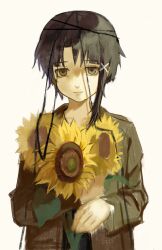 Rule 34 | 1girl, absurdres, asymmetrical hair, brown eyes, brown hair, brown jacket, cable, flower, hair ornament, highres, holding, holding flower, iwakura lain, jacket, light smile, long sleeves, looking at viewer, luoxuan matai, parted bangs, serial experiments lain, short hair, simple background, single sidelock, solo, straight-on, sunflower, upper body, x hair ornament, yellow background, yellow flower