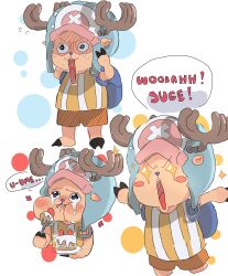 Rule 34 | + +, 1boy, absurdres, antlers, blue hood, blush stickers, commentary, cross, eating, flying sweatdrops, hat, highres, hood, horns, male focus, monomonorii, multiple views, one piece, pink hat, reindeer antlers, shorts, solo, striped clothes, sweatdrop, tony tony chopper, vertical-striped clothes