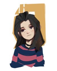 Rule 34 | 1girl, black choker, black eyes, black hair, black sweater, choker, closed mouth, copyright request, cropped torso, dethmaid, frown, long hair, looking to the side, orange background, red sweater, solo, striped clothes, striped sweater, sweater, white background