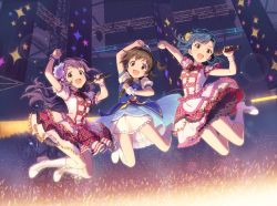 Rule 34 | 3girls, akagi miria, arm up, audience, blue hair, boots, brown eyes, commentary request, concert, costume, crowd, dreaming stars (idolmaster), dress, flower, glowstick, green eyes, hair flower, hair ornament, highres, holding, holding microphone, idol, idolmaster, idolmaster cinderella girls, idolmaster million live!, jumping, knee boots, long hair, looking at viewer, medium hair, microphone, mochizuki anna, multiple girls, nanao yuriko, open mouth, puffy short sleeves, puffy sleeves, purple hair, short sleeves, stage, star!!, tiara, tokachi gumi, two side up, white footwear, wrist cuffs, yellow eyes