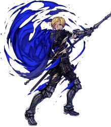 Rule 34 | 1boy, armor, armored boots, blonde hair, blue eyes, boots, cape, dimitri alexandre blaiddyd, fire emblem, fire emblem: three houses, fire emblem heroes, fujisaka kimihiko, full body, gauntlets, gloves, hair over one eye, highres, long sleeves, male focus, nintendo, official art, pants, polearm, short hair, solo, spear, sword, torn cape, torn clothes, transparent background, weapon