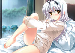 Rule 34 | 1girl, absurdres, barefoot, blush, bow, da capo, da capo ii, feet, flower, hair bow, hair ribbon, highres, hugging own legs, hydrangea, indoors, lying, mitsumomo mamu, no pants, official art, on back, on bed, panties, pillow, rain, ribbon, sleeves past wrists, solo, striped clothes, striped panties, sweater, toes, underwear, white hair, window, yukimura anzu
