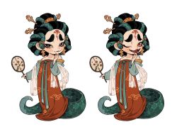 Rule 34 | 1girl, black eyes, black hair, chibi, cloud print, commentary, dress, earrings, fangs, full body, green hair, green scales, hair bun, hair ornament, hair stick, hand fan, hand on own chin, hands up, highres, holding, holding fan, jewelry, juanmao, lamia, long sleeves, looking at viewer, monster girl, multiple views, nail polish, off shoulder, open mouth, original, paper fan, red dress, red eyes, red lips, red nails, scales, see-through shawl, shawl, short hair, simple background, slit pupils, smile, symbol-only commentary, thick eyebrows, uchiwa, white background