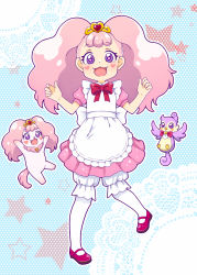 Rule 34 | 1girl, :d, apron, aroma (go! princess precure), bird, bloomers, blue background, bow, dog, dual persona, frills, full body, go! princess precure, gunuko, heart, heart-shaped pupils, highres, long hair, mary janes, open mouth, pantyhose, personification, pink hair, pink skirt, precure, puff (go! princess precure), puff (go! princess precure) (human), purple eyes, red bow, red footwear, shoes, skirt, smile, star (symbol), starry background, symbol-shaped pupils, underwear, white bloomers, white pantyhose