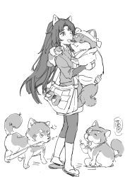Rule 34 | 1girl, ;d, ^ ^, absurdres, anger vein, animal, animal ear fluff, animal ears, arknights, bag, closed eyes, commentary request, dog, dog ears, eyepatch, facial mark, forehead mark, full body, greyscale, highres, holding, holding animal, hook hand, japanese clothes, kimono, leggings, long hair, long sleeves, looking at animal, monochrome, mouth hold, one eye closed, open mouth, parted bangs, saga (arknights), saga (there they be) (arknights), sandals, short eyebrows, shoulder bag, simple background, sketch, smile, solo, thick eyebrows, very long hair, white background, yuexingchuan, zouri