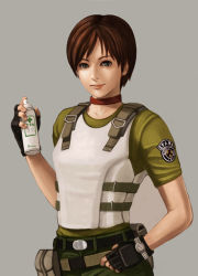 Rule 34 | 1girl, blue eyes, brown hair, bulletproof vest, choker, female focus, fingerless gloves, first aid, gloves, light smile, looking at viewer, matrosso, police, police uniform, rebecca chambers, resident evil, resident evil 0, shirt, short hair, solo, spray can, t-shirt, uniform, watch, wristwatch