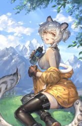 Rule 34 | 1girl, absurdres, animal ears, aran sweater, arknights, asymmetrical hair, black footwear, black gloves, black thighhighs, blue sky, boots, bottle, cable knit, chinese commentary, cliffheart (arknights), cliffheart (highlands visitor) (arknights), cloud, cloudy sky, coat, dated, day, earrings, eyelashes, fangs, fur-trimmed hood, fur trim, gloves, grass, grey eyes, hair between eyes, highres, hood, hooded coat, jewelry, leopard ears, leopard tail, looking at viewer, mountain, name tag, off shoulder, official alternate costume, open mouth, outdoors, ponytail, river, short hair, signature, silver hair, single earring, sitting, sky, solo, spade-m, sweat, sweater, tail, tassel, tassel earrings, teeth, thighhighs, thighs, tree, turtleneck, turtleneck sweater, water bottle, white sweater, yellow coat, zettai ryouiki