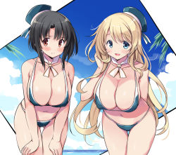 Rule 34 | 2girls, arm behind back, ascot, atago (kancolle), bikini, black hair, blonde hair, blue bikini, blue eyes, blue headwear, blue sky, breasts, cleavage, cloud, covered erect nipples, eyebrows, hand on own face, hand on own thigh, hat, kantai collection, large breasts, multiple girls, odawara hakone, palm tree, pout, red eyes, short hair, sky, smile, summer, swimsuit, takao (kancolle), thighs, tree