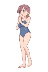 Rule 34 | 1girl, :d, bare arms, bare legs, bare shoulders, barefoot, blue one-piece swimsuit, blush stickers, breasts, brown hair, covered navel, dot nose, full body, hair between eyes, highres, legs, low twintails, medium breasts, multicolored hair, murosaki miyo, nuurise2023, old school swimsuit, one-piece swimsuit, onii-chan wa oshimai!, open mouth, own hands together, red hair, school swimsuit, simple background, smile, solo, standing, swimsuit, twintails, two-tone hair, white background