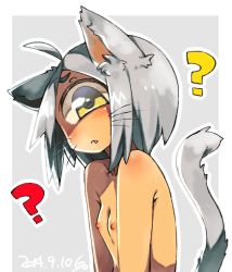 Rule 34 | 1girl, ?, ahoge, animal ears, blush, border, breasts, cat ears, cat girl, cat tail, closed mouth, completely nude, cyclops, dated, fang, fang out, grey hair, head tilt, looking at viewer, medium hair, muroku (aimichiyo0526), nipples, nude, one-eyed, original, outline, petite, shoulder blush, signature, small breasts, solo, tail, whiskers, white border, white outline, x x, yellow eyes
