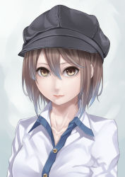 Rule 34 | 1girl, bad id, bad pixiv id, black hat, blush, breasts, brown eyes, brown hair, buttons, cabbie hat, collarbone, hair between eyes, hat, highres, light smile, lips, looking at viewer, original, ray-akila, short hair, simple background, smile, solo, upper body, white background