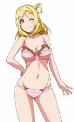 Rule 34 | 10s, 1girl, blonde hair, blush, bra, braid, breasts, commentary request, cowboy shot, crown braid, flower, gluteal fold, green eyes, hair rings, hand on own hip, jpeg artifacts, looking at viewer, love live!, love live! sunshine!!, medium breasts, navel, ohara mari, one eye closed, panties, pink bra, pink panties, rose, simple background, smile, solo, standing, stomach, underwear, underwear only, white background, yopparai oni