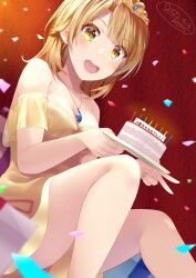 Rule 34 | 1girl, absurdres, atelier z44, bare arms, bare legs, bare shoulders, birthday cake, breasts, brown eyes, brown hair, cake, candle, confetti, dress, earrings, feet out of frame, food, highres, holding, holding plate, isshiki iroha, jewelry, legs, medium breasts, medium hair, neck, necklace, off-shoulder dress, off shoulder, open mouth, orange dress, plate, red background, solo, teeth, thighs, tiara, tongue, upper teeth only, v, yahari ore no seishun lovecome wa machigatteiru.