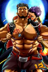 Rule 34 | 2boys, abs, alca (wakatanka4), animal ears, bara, bare pectorals, beard, behind another, black hair, black shorts, blush, bulge, chest hair, doro rich, facial hair, feet out of frame, full moon, gyee, highres, jewelry, kiss, kissing neck, large pectorals, lion boy, lion ears, lion tail, male focus, master (gyee), mature male, moon, multiple boys, muscular, muscular male, navel, necklace, nipples, no shirt, paid reward available, pectorals, purple hair, short hair, shorts, sleeveless, sleeveless jacket, stomach, tail, thick eyebrows, yaoi, zipper