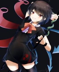 Rule 34 | 1girl, ahoge, arm up, asymmetrical wings, black background, black dress, black hair, black thighhighs, black wristband, blue wings, blush, bow, bowtie, breasts, buttons, center frills, closed mouth, commentary request, covered navel, dated, dress, frilled dress, frills, grin, highres, houjuu nue, kisamu (ksmz), large breasts, pointy ears, polearm, red bow, red bowtie, red eyes, red wings, short hair, short sleeves, sidelocks, signature, simple background, slit pupils, smile, snake, solo, thighhighs, thighs, touhou, trident, upper body, weapon, wings