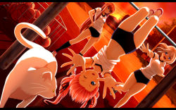 Rule 34 | 3girls, ball, basketball, basketball (object), blonde hair, blue eyes, buruma, cat, dutch angle, gym uniform, hair ribbon, hairline, hand on own hip, highres, horizontal bar, letterboxed, long hair, multiple girls, navel, one eye closed, open mouth, original, outstretched arm, outstretched hand, ribbon, sunset, tsukumo (soar99), twintails, upside-down, wink