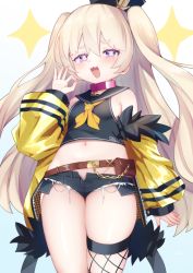 Rule 34 | 1girl, :3, :d, anchor, azur lane, bache (azur lane), bare shoulders, belt, belt buckle, black headwear, black sailor collar, black shirt, black shorts, blue background, brown belt, buckle, collarbone, commentary request, crop top, dollar sign, fang, fingernails, fishnet thighhighs, fishnets, gradient background, groin, hair between eyes, highres, jacket, kokone (coconeeeco), light brown hair, long hair, long sleeves, looking at viewer, micro shorts, midriff, navel, neckerchief, off shoulder, ok sign, open clothes, open fly, open jacket, open mouth, open shorts, orange neckerchief, puffy long sleeves, puffy sleeves, purple eyes, sailor collar, shirt, shorts, single thighhigh, skindentation, sleeveless, sleeveless shirt, sleeves past wrists, smile, solo, sparkle, thick eyebrows, thigh gap, thighhighs, tilted headwear, two side up, very long hair, white background, yellow jacket