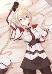 Rule 34 | 1girl, :o, anchor, bed, black gloves, black pantyhose, black skirt, blonde hair, capelet, commentary request, cross, gloves, graf zeppelin (kancolle), grey eyes, hair between eyes, hand on own stomach, hat, high ponytail, iron cross, jacket, kantai collection, looking at viewer, lying, military, military hat, military uniform, multicolored clothes, multicolored jacket, nahu, necktie, pantyhose, peaked cap, pillow, pleated skirt, sidelocks, skirt, solo, twintails, uniform, unworn hat, unworn headwear, white hat, white jacket