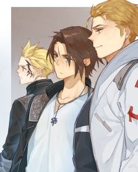 Rule 34 | 3boys, black jacket, black shirt, blonde hair, blue eyes, border, brown background, brown hair, chain necklace, coat, facial tattoo, final fantasy, final fantasy viii, highres, jacket, jewelry, long sleeves, looking to the side, male focus, mohawk, multiple boys, necklace, nini tw99, scar, scar on face, seed uniform (ff8), seifer almasy, shirt, short hair, squall leonhart, square enix, tattoo, upper body, white coat, white shirt, zell dincht