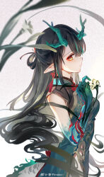 1girl absurdres arknights black_hair china_dress chinese_clothes colored_extremities dragon_girl dragon_horns dragon_tail dress dusk_(arknights) earrings flower from_side hair_rings highres horns imoko_(imonatsuki) jewelry long_hair looking_at_viewer orange_eyes pointy_ears sideways_glance solo tail tassel tassel_earrings weibo_username weibo_watermark