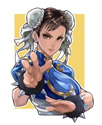 Rule 34 | 1girl, bracelet, capcom, chinese clothes, chun-li, double bun, earrings, fighting stance, from side, hair bun, hair ribbon, high collar, highres, jewelry, pearl earrings, ribbon, shadow, simple background, spiked bracelet, spikes, street fighter, to-ru