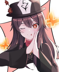 Rule 34 | 1girl, ;p, bakemonsou, black hat, brown hair, cropped torso, flower, genshin impact, hair between eyes, hat, hat flower, hu tao (genshin impact), long hair, looking at viewer, one eye closed, red eyes, red flower, solo, symbol-shaped pupils, tongue, tongue out