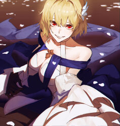 Rule 34 | 1girl, absurdres, archetype earth, arcueid brunestud, black gloves, blonde hair, breasts, brown background, collarbone, detached sleeves, dress, eyelashes, fate/grand order, fate (series), flower, gloves, hair flower, hair ornament, highres, large breasts, looking at viewer, lying, on side, petals, red eyes, short hair, solo, strapless, strapless dress, white dress, white petals, zuraa (naunau seijin)