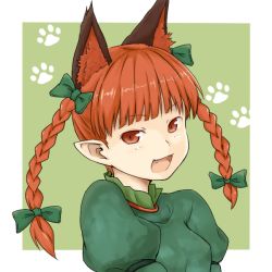 Rule 34 | 1girl, animal ears, bow, braid, cat ears, cat girl, extra ears, fang, female focus, hair bow, kaenbyou rin, kawashina (momen silicon), looking at viewer, paw print, pointy ears, red eyes, red hair, smile, solo, touhou, twin braids, upper body