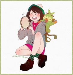 Rule 34 | 1girl, absurdres, brown hair, creatures (company), dreamsyndd, game freak, gen 8 pokemon, gloria (pokemon), green hat, grookey, hat, highres, instrument, nintendo, open mouth, pokemon, pokemon (creature), pokemon swsh, shoes, short hair, signature, simple background, tam o&#039; shanter, white background