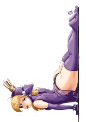 Rule 34 | 1girl, arm support, ass, automatic giraffe, black panties, blonde hair, bracelet, dress, highres, hooded dress, jewelry, leather dress, looking at viewer, mario (series), mario power tennis, mario tennis, nintendo, panties, purple dress, simple background, solo, spiked bracelet, spikes, thighhighs, tongue, tongue out, underwear, warupeach