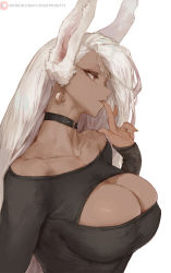 Rule 34 | 1girl, animal ears, bare shoulders, black choker, black dress, boku no hero academia, breasts, choker, cleavage, cleavage cutout, clothing cutout, collarbone, covered erect nipples, cutesexyrobutts, dark-skinned female, dark skin, dress, earrings, finger to mouth, from side, highres, jewelry, large breasts, long eyelashes, long hair, mirko, patreon logo, patreon username, rabbit ears, rabbit girl, red eyes, solo, superhero costume, upper body, white background, white hair