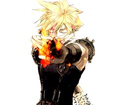 Rule 34 | 1990s (style), 1boy, bad id, bad pixiv id, baseball bat, blonde hair, cloud strife, closed eyes, final fantasy, final fantasy vii, fingerless gloves, fire, gloves, magic, male focus, nail, nail bat, shy (s h y), solo, spiked hair, weapon, white background