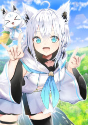Rule 34 | 1girl, absurdres, aisu (icicleshot), animal ears, aqua eyes, detached sleeves, highres, hololive, long hair, looking at viewer, open mouth, outdoors, shirakami fubuki, smile, solo, virtual youtuber, white hair, wolf ears