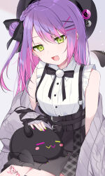 Rule 34 | 1girl, :d, bare shoulders, beret, bibi (tokoyami towa), black bow, black hat, blush, bow, braid, breasts, collared shirt, commentary request, demon tail, dress shirt, grey background, grey jacket, grey skirt, hair bow, hair bun, hat, highres, hololive, jacket, long hair, medium breasts, multicolored hair, multicolored nails, nail polish, off shoulder, one side up, open clothes, open jacket, open mouth, pink hair, pleated skirt, purple hair, purple nails, shirt, single side bun, sitting, skirt, sleeveless, sleeveless shirt, smile, streaked hair, swon (joy200892), tail, tokoyami towa, very long hair, virtual youtuber, white shirt, yellow nails