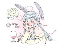 Rule 34 | 1boy, 1girl, ahoge, alternate costume, cup, detached sleeves, dress, drinking glass, drunk, floating headgear, grey hair, hair ribbon, hand on own face, headgear, highres, jewelry, kantai collection, long hair, military, military uniform, murakumo (kancolle), one eye closed, red ribbon, ribbon, ring, shin (shin k009), sidelocks, strapless, strapless dress, t-head admiral, thick eyebrows, thought bubble, translation request, tress ribbon, uniform, wedding ring, wine glass, yellow dress