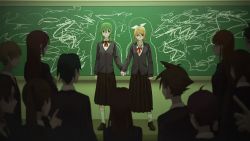 Rule 34 | black skirt, blonde hair, blue eyes, bow, bow hairband, cardigan, chalkboard, classroom, commentary, crowd, frown, green eyes, green hair, grey cardigan, gumi, hair bow, hairband, highres, holding hands, indoors, kagamine rin, long skirt, looking at another, medium hair, neck ribbon, outline, pleated skirt, red ribbon, ribbon, school uniform, scribble, short hair, sidelocks, skirt, vocaloid, white bow, wounds404, yuri