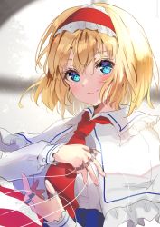Rule 34 | 1girl, :&gt;, alice margatroid, blonde hair, blue eyes, blush, capelet, frilled shirt collar, frills, hair between eyes, hairband, highres, jewelry, looking at viewer, necktie, one-hour drawing challenge, puppet rings, red hairband, red necktie, ring, shironeko yuuki, short hair, solo, touhou, upper body, white capelet