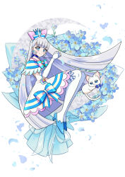 Rule 34 | 1girl, blue bow, blue choker, blue crown, blue eyes, blue footwear, blue hairband, blush, bouquet, bow, bow legwear, brooch, cat, choker, closed mouth, crown, crown bow, crown earrings, cure nyammy, dress, dress bow, dual persona, flower, full body, hairband, heart, heart brooch, hime cut, jewelry, legs together, long hair, looking at viewer, magical girl, mini crown, multicolored bow, neko hunsou, nekoyashiki yuki, nekoyashiki yuki (cat), pink bow, pointed crown, pouch, precure, ribbon choker, shoes, smile, striped bow, thighhighs, white arm warmers, white cat, white dress, white hair, white thighhighs, wonderful precure!