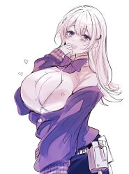 Rule 34 | 1girl, :d, belt pouch, blush, bow, bowtie, breasts, cleavage, collared shirt, dimjh, goddess of victory: nikke, hair ornament, heart, highres, huge breasts, jacket, long hair, monochrome, off-shoulder jacket, off shoulder, open mouth, pouch, purple theme, shirt, simple background, smile, solo, tia (nikke), white background