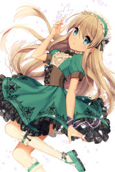 Rule 34 | 1girl, black bow, black bowtie, blue eyes, blush, bow, bowtie, breasts, bug, butterfly, corset, dress, feet out of frame, frilled hairband, frilled socks, frills, from side, green dress, hairband, highres, insect, jenevan, kneehighs, light brown hair, long hair, looking at viewer, original, parted lips, puffy sleeves, short sleeves, small breasts, socks, solo, white background, white socks, wristband