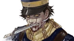 Rule 34 | 1boy, bayonet, black hair, blood, blood on face, blue hat, blue jacket, golden kamuy, guro, hat, jacket, looking at viewer, male focus, military hat, mrs.yega (nai0026er), open mouth, portrait, scar, scar on face, scarf, short hair, simple background, solo, stab, sugimoto saichi, teeth, weapon, white background, yellow eyes, yellow scarf