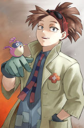 Rule 34 | 1boy, absurdres, bad id, bad pixiv id, bird, bird on hand, blue neckwear, blue shirt, boku no hero academia, breast pocket, coat, eyewear on head, fengling (furin-jp), gloves, green gloves, grey background, hand in pocket, hand up, highres, huge filesize, long sleeves, looking at viewer, male focus, multicolored background, necktie, open clothes, open coat, open mouth, pino (boku no hero academia), pocket, red background, red eyes, red hair, red neckwear, rody soul, shirt, short ponytail, sleeves past elbows, smile, sunglasses, teeth, two-tone necktie, two-tone neckwear, upper teeth only