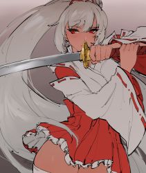 Rule 34 | 1girl, absurdres, commentary, commission, dark-skinned female, dark skin, detached sleeves, english commentary, fighting stance, grey hair, hair ribbon, hakama, hakama skirt, high-waist skirt, highres, holding, holding sword, holding weapon, japanese clothes, kanami yano (uzumesguard), katana, kenshin187, long hair, looking to the side, miko, original, ponytail, red eyes, red skirt, ribbon, second-party source, skirt, solo, sword, thigh gap, thighhighs, thighs, very long hair, weapon, wide hips, wide sleeves, zettai ryouiki