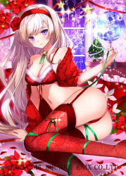 Rule 34 | 1girl, arm support, ass, bad id, bad pixiv id, bell, blonde hair, blush, bra, breasts, choker, christmas, christmas ornaments, christmas tree, cleavage, feet out of frame, flower, globe, indoors, jingle bell, kaku-san-sei million arthur, knees together feet apart, long hair, medium breasts, million arthur (series), navel, neck bell, night, off shoulder, official art, panties, parted lips, purple eyes, red bra, red panties, red thighhighs, santa costume, sitting, solo, thighhighs, underwear, very long hair, watermark, window, yuuki kira