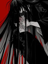 Rule 34 | 1boy, 1girl, absurdres, black hair, black kimono, blood, blood on face, blood on hands, fangs, fate/type redline, fate (series), greyscale with colored background, hair over eyes, highres, holding head, japanese clothes, kimono, koha-ace, long hair, looking at another, low ponytail, nose, open mouth, oryou (fate), ponytail, red background, ryousuke (tukr5384), sakamoto ryouma (fate), simple background, smile, spot color, translation request, very long hair