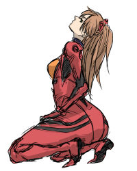 Rule 34 | 1girl, artist request, ass, bodysuit, breasts, brown hair, curvy, expressionless, full body, hair between eyes, hair ornament, huge ass, long hair, medium breasts, neon genesis evangelion, pilot suit, plugsuit, red bodysuit, simple background, skin tight, solo, souryuu asuka langley, squatting, two side up
