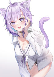Rule 34 | 1girl, :3, :d, ahoge, animal collar, animal ear fluff, animal ears, black collar, black panties, blue hair, blush, breasts, cat ears, cat girl, cat tail, cococo moru, collar, collarbone, collared shirt, colored inner hair, crossed bangs, dress shirt, fang, hair between eyes, highres, hololive, large breasts, long sleeves, looking at viewer, multicolored hair, neck ribbon, nekomata okayu, nekomata okayu (oversized shirt), no bra, no pants, open mouth, panties, partially unbuttoned, purple eyes, purple hair, purple ribbon, ribbon, shirt, short hair, simple background, smile, solo, tail, thigh gap, twitter username, underwear, virtual youtuber, white background, white shirt