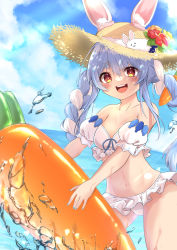 Rule 34 | 1girl, :d, absurdres, amaguri (guri 0330), animal ear fluff, animal ears, bare shoulders, bikini, bikini skirt, blue hair, blush, braid, breasts, carrot hair ornament, cowboy shot, detached sleeves, food-themed hair ornament, frilled bikini, frills, hair ornament, hat, highres, hololive, inflatable toy, long hair, looking at viewer, multicolored hair, ocean, open mouth, orange eyes, puffy short sleeves, puffy sleeves, rabbit-shaped pupils, rabbit ears, rabbit girl, short sleeves, small breasts, smile, solo, strapless, strapless bikini, straw hat, summer, sun hat, swept bangs, swimsuit, symbol-shaped pupils, teeth, thick eyebrows, tube top, twin braids, twintails, two-tone hair, upper teeth only, usada pekora, usada pekora (1st costume), v-shaped eyebrows, virtual youtuber, white bikini, white hair, white sleeves